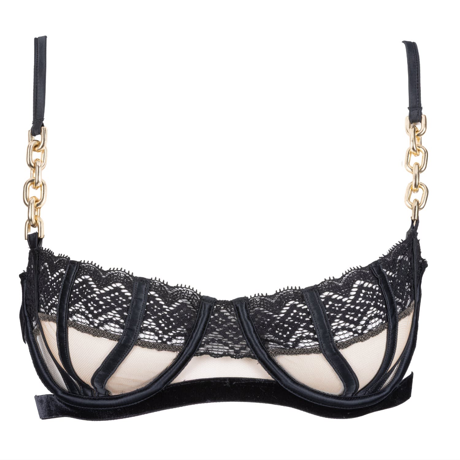 Les Jupons De Tess Women's Black / Neutrals Jewel Second Skin Mesh And Black Lace Balconette Bra Nude Black And Gold
