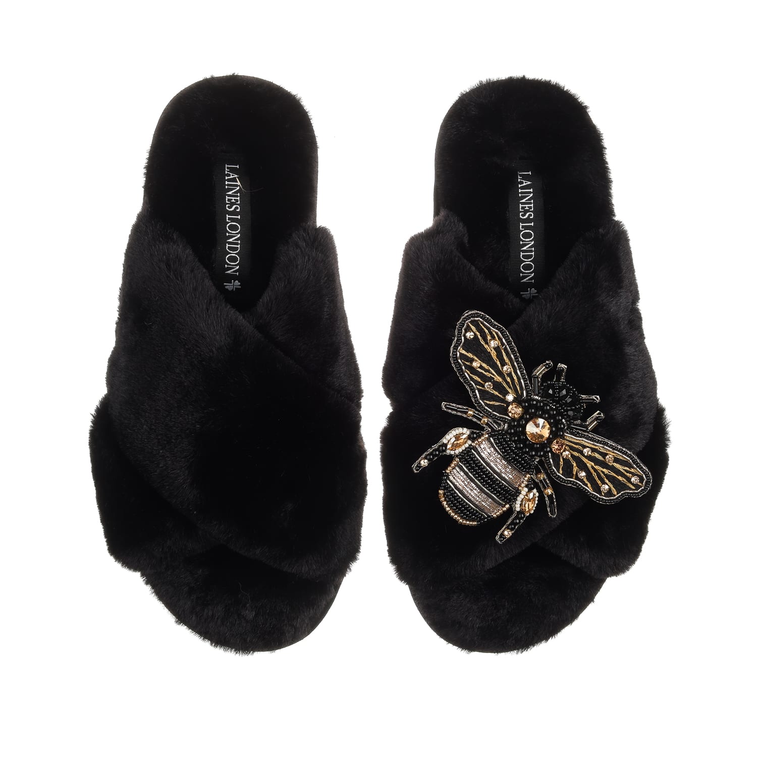 Classic Laines Slippers With Black & Gold Bee Brooch - Black, LAINES  LONDON