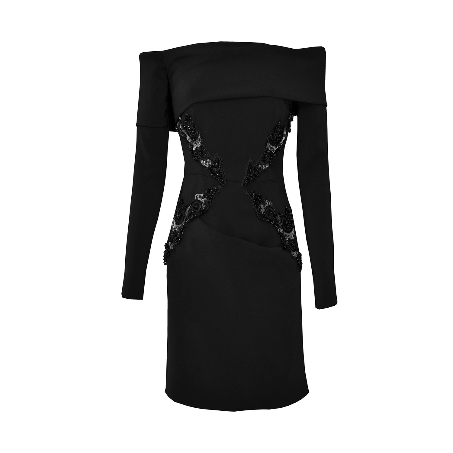 Women's Uffizi Black Mini Dress With Long Sleeves Sare Shoulders And Details On Waist | Medium | Alina Cernatescu