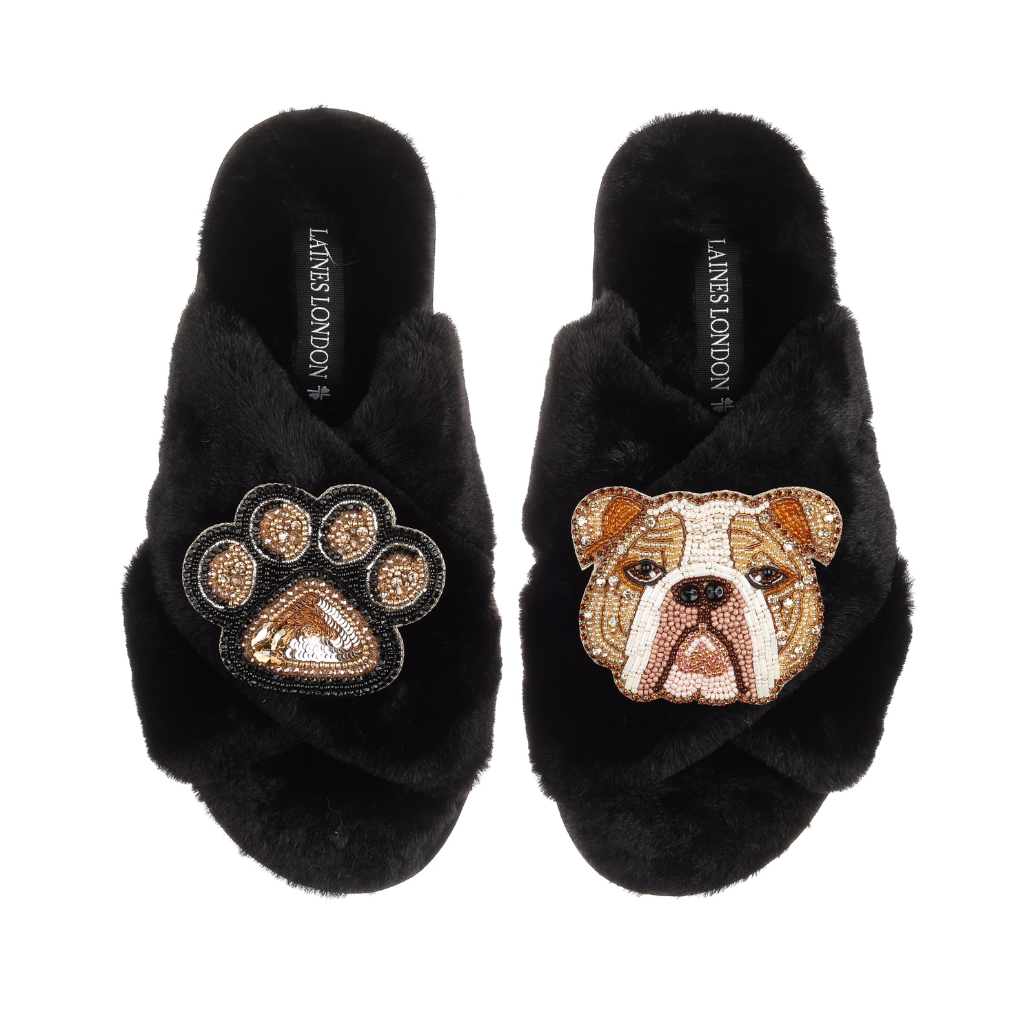 Laines London Women's Classic Laines Slippers With Mr Beefy Bulldog & Paw Brooches - Black In Black