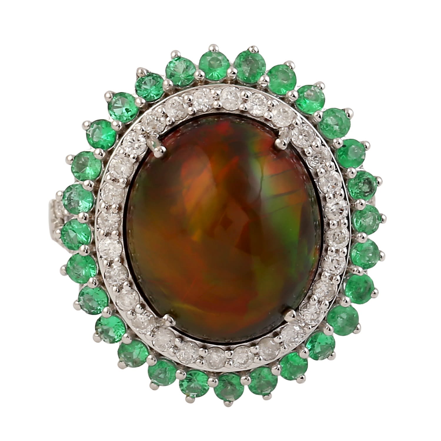 Women’s Green / White / Brown 18K White Gold In Oval Cut Opal & Emerald Pave Diamond Vintage Cocktail Ring Artisan