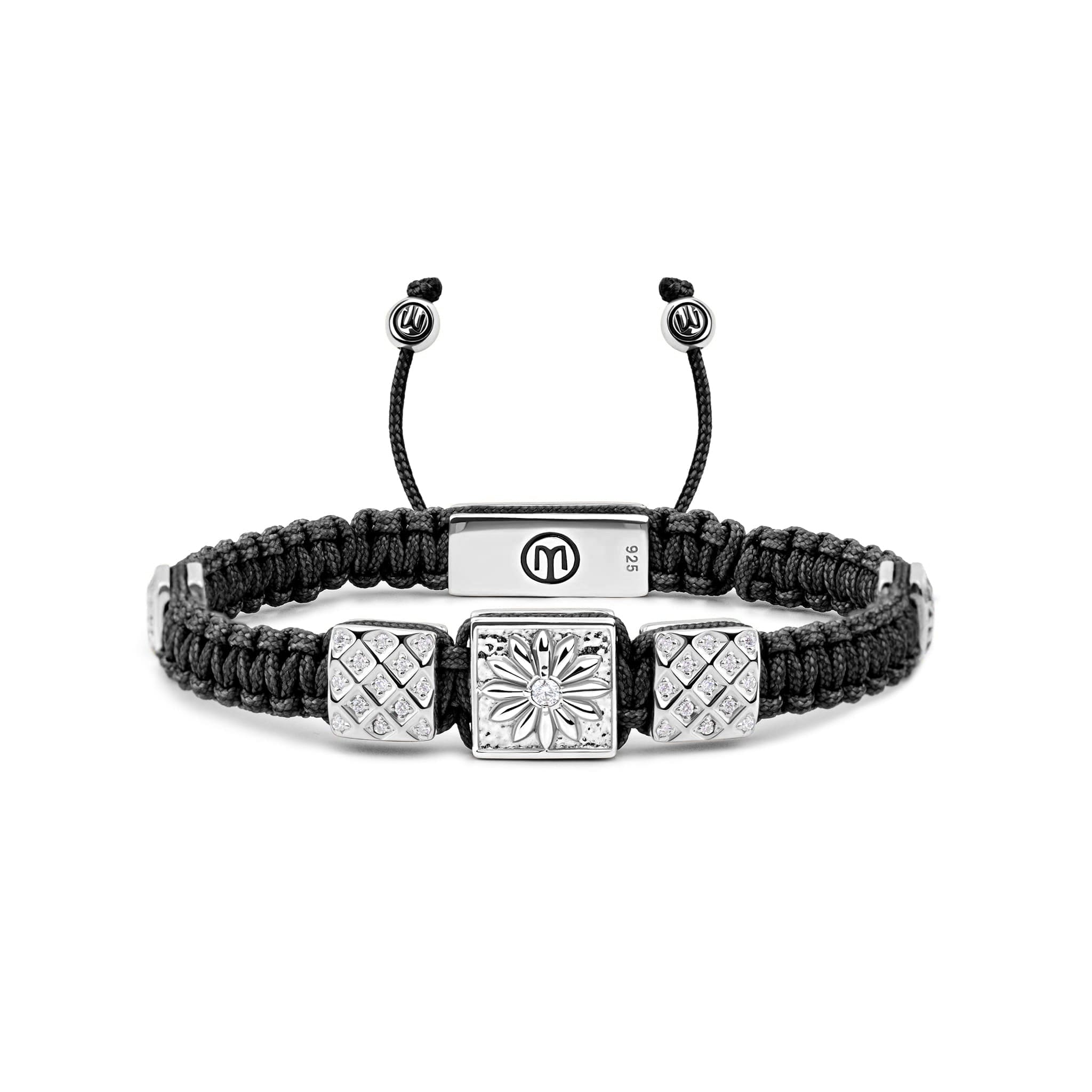 Mahigan Women's Black / Silver Triple Macrame Bracelet In Silver - White Moissanites & Black String