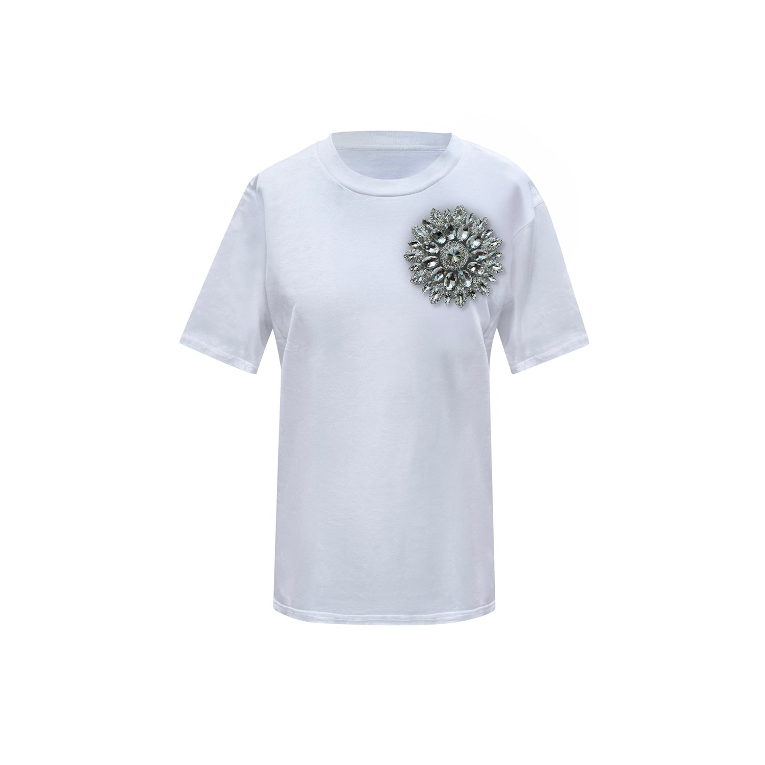 Toma Women's Silver / White Flower Summer White Cotton T-shirt With Silver Swarovski Crystals In Multi