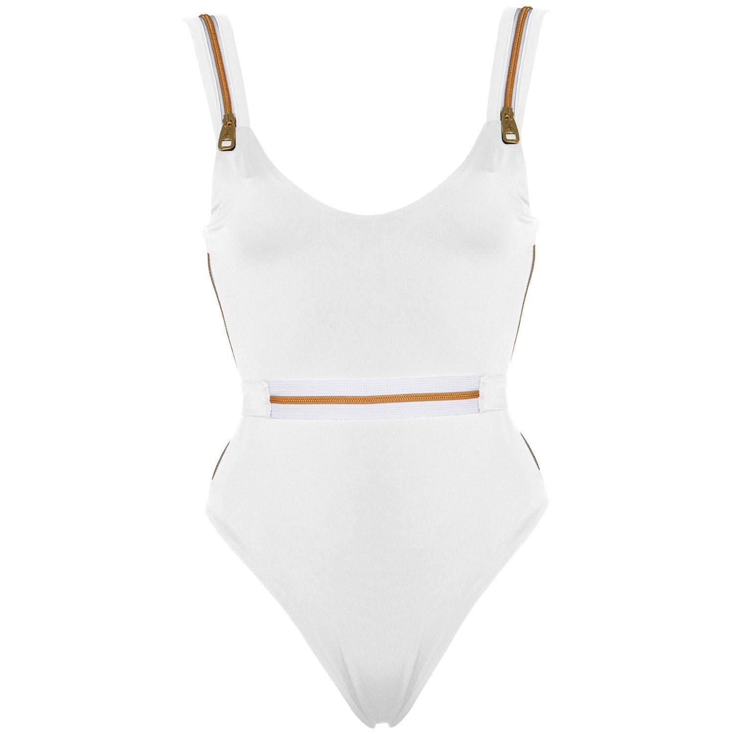 Antoninias Women's Ripple High Leg One Piece Swimwear With Zip Details In White