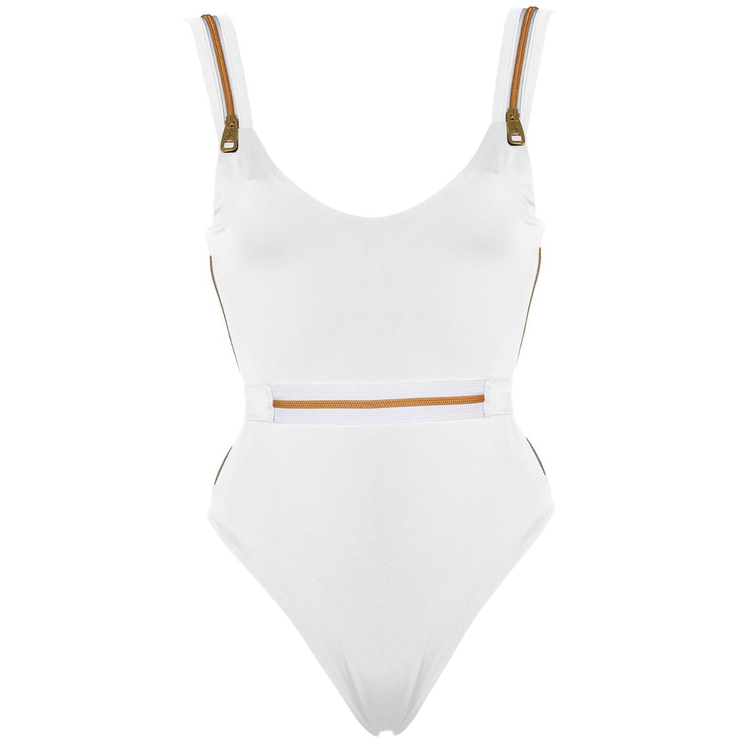 Women’s Ripple High Leg One Piece Swimwear With Zip Details In White Extra Large Antoninias