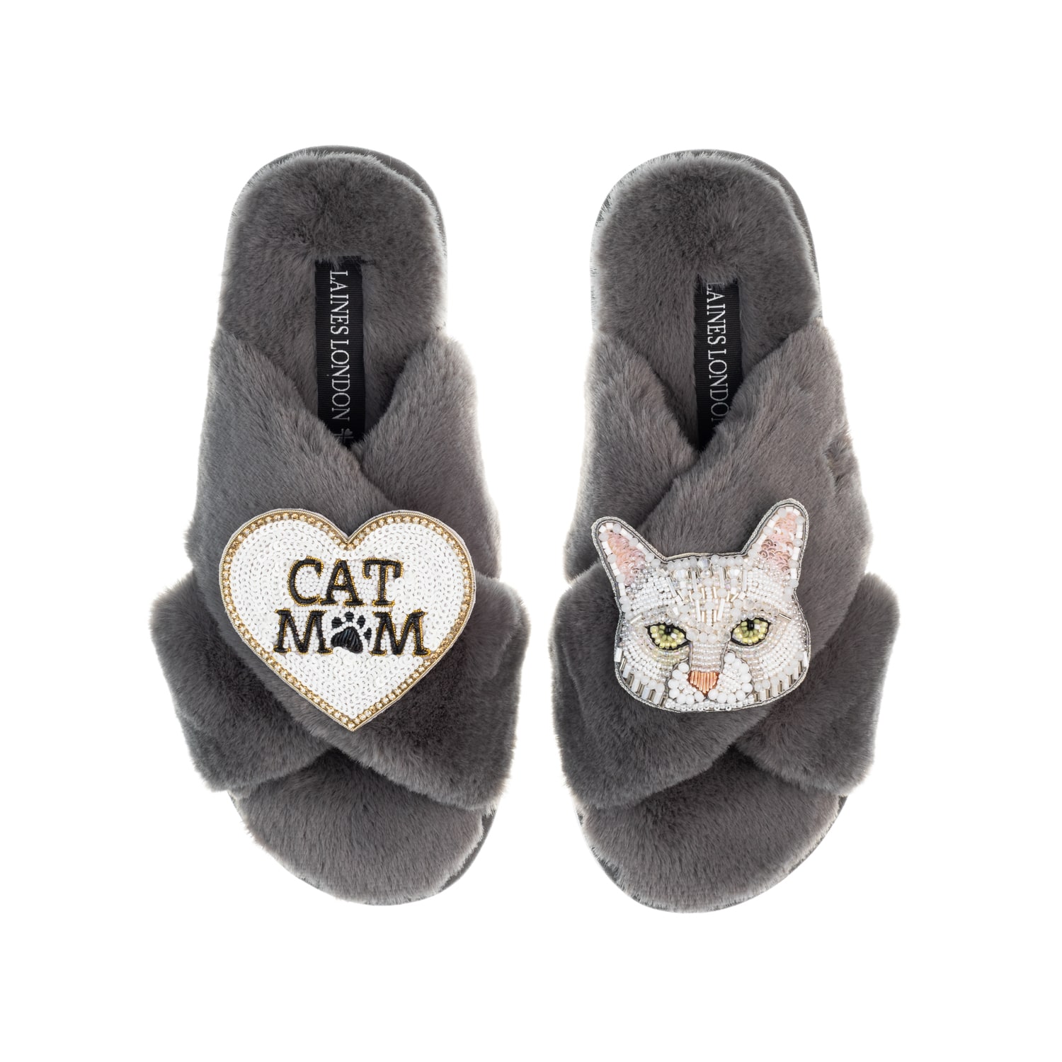 Laines London Women's Classic Laines Slippers With White Lily Cat & Cat Mum / Mom Brooches - Grey In Grey