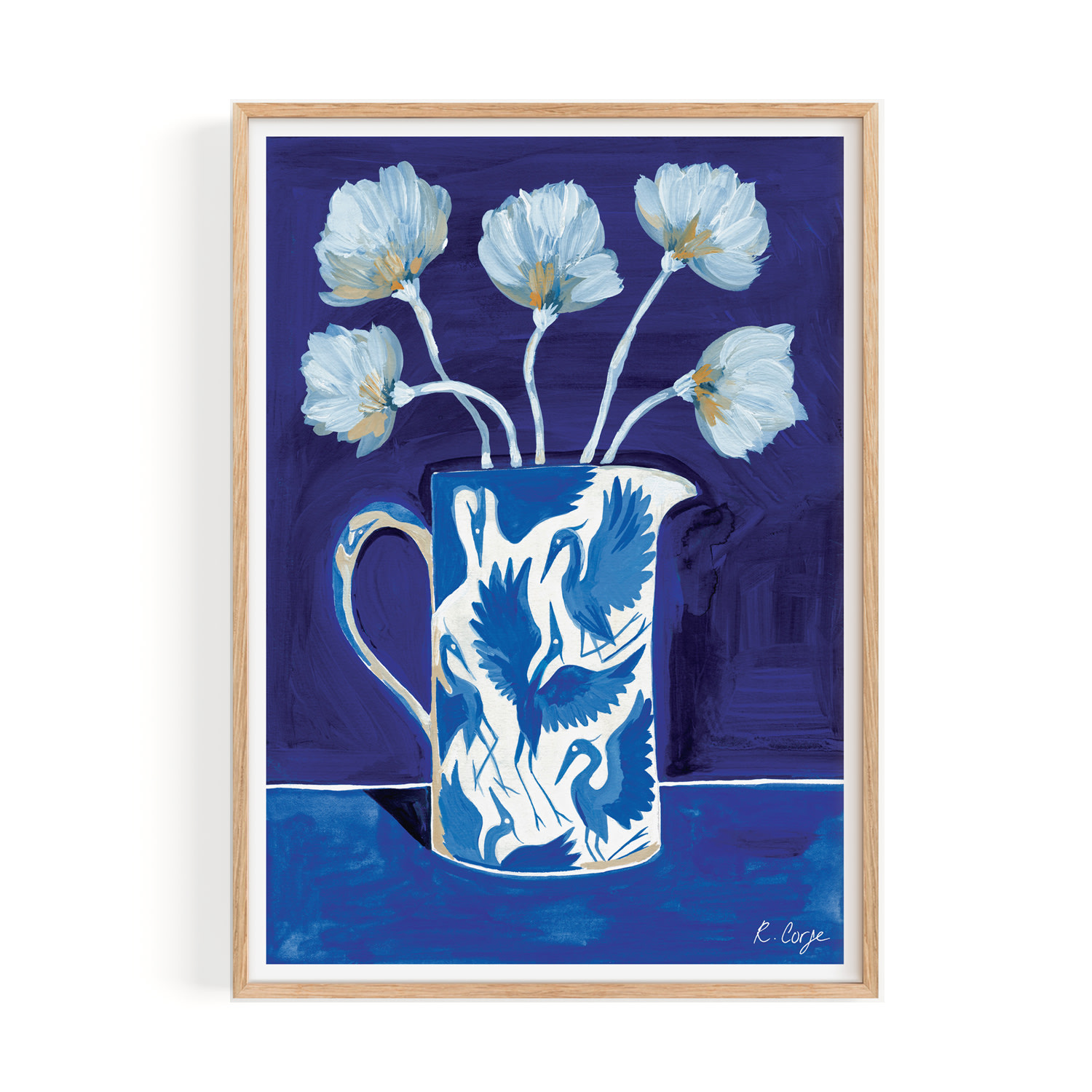 Rosanna Corfe Blue / White A4 - Blue Herons On Jug Print In Blue/white