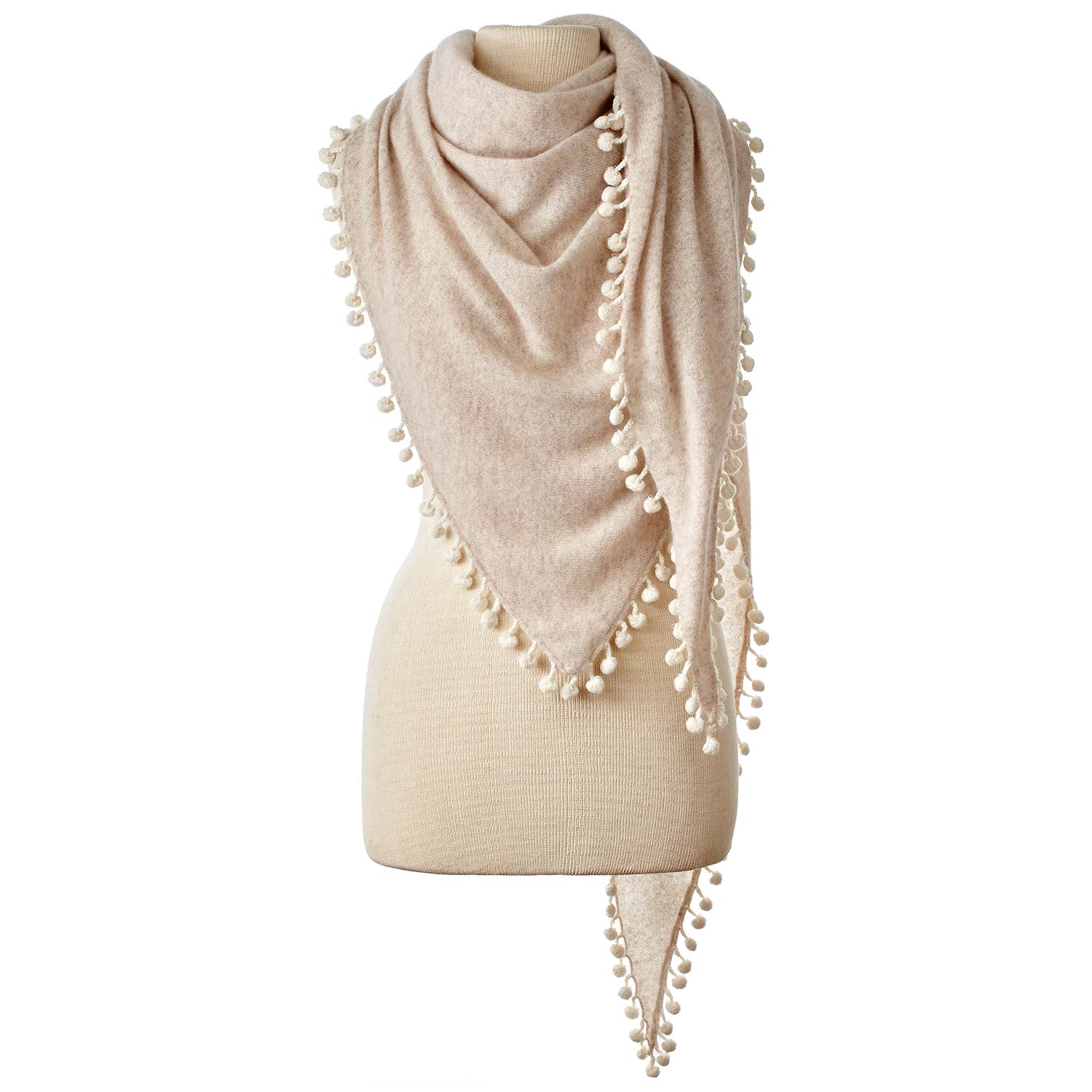 Women’s Neutrals Alpine Cashmere Pom-Pom Triangle Wrap - Sand & Ivory