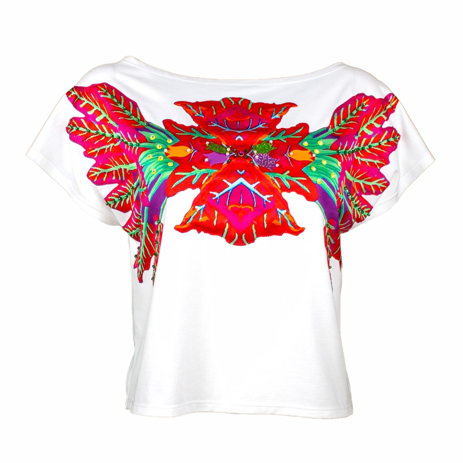 Lalipop Design Women's White Blouse With Laser-cut Red Leaves Print On The Chest In Red/white