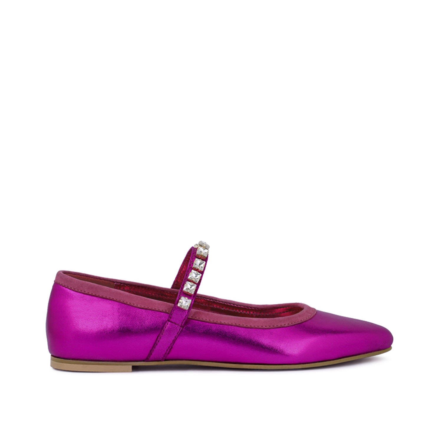 Rag & Co Alverno Metallic Diamante Mary Jane Leather Flats In Fuchsia In Pink/purple
