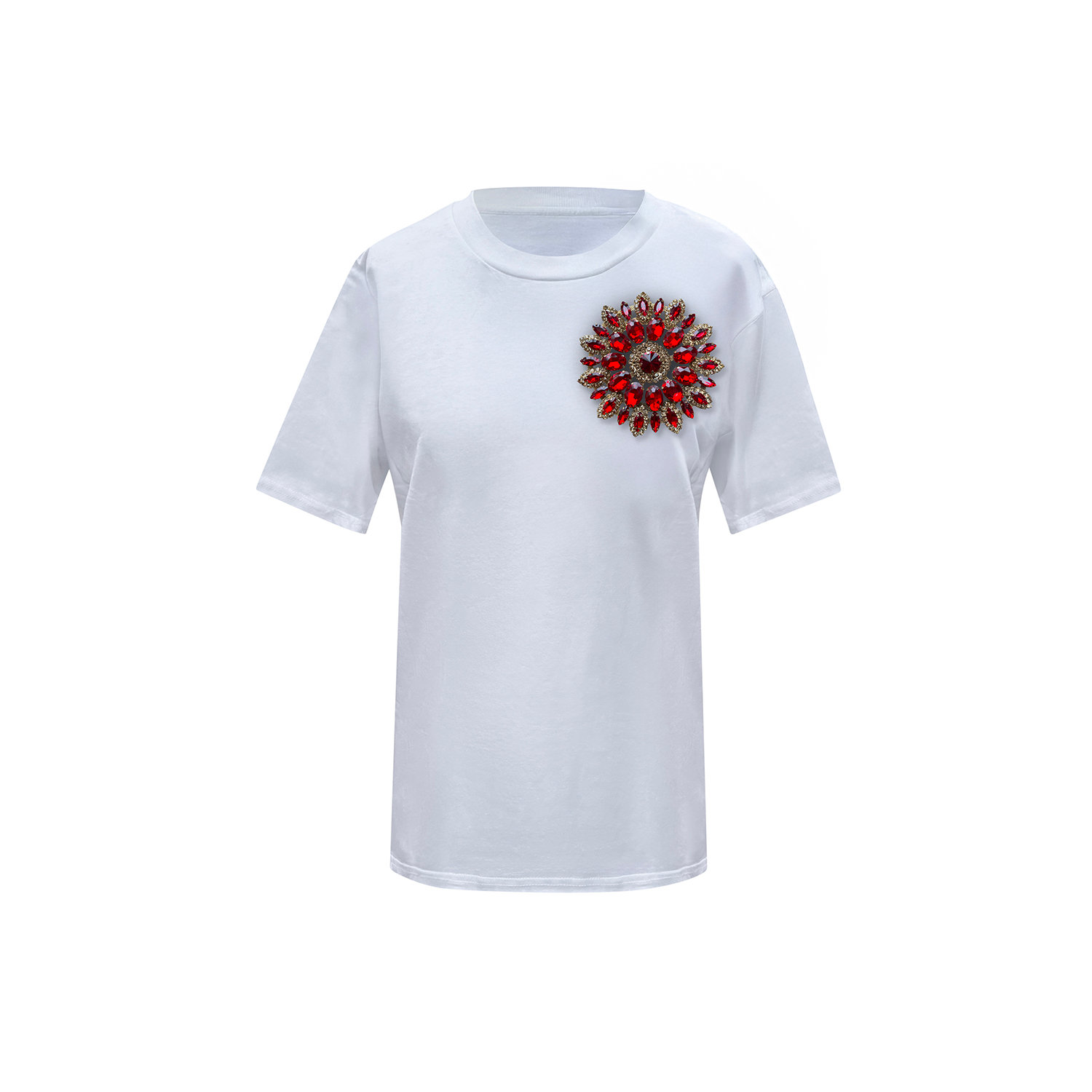 Toma Women's White / Red Flower Summer White Cotton T-shirt With Red Swarovski Crystals In Multi