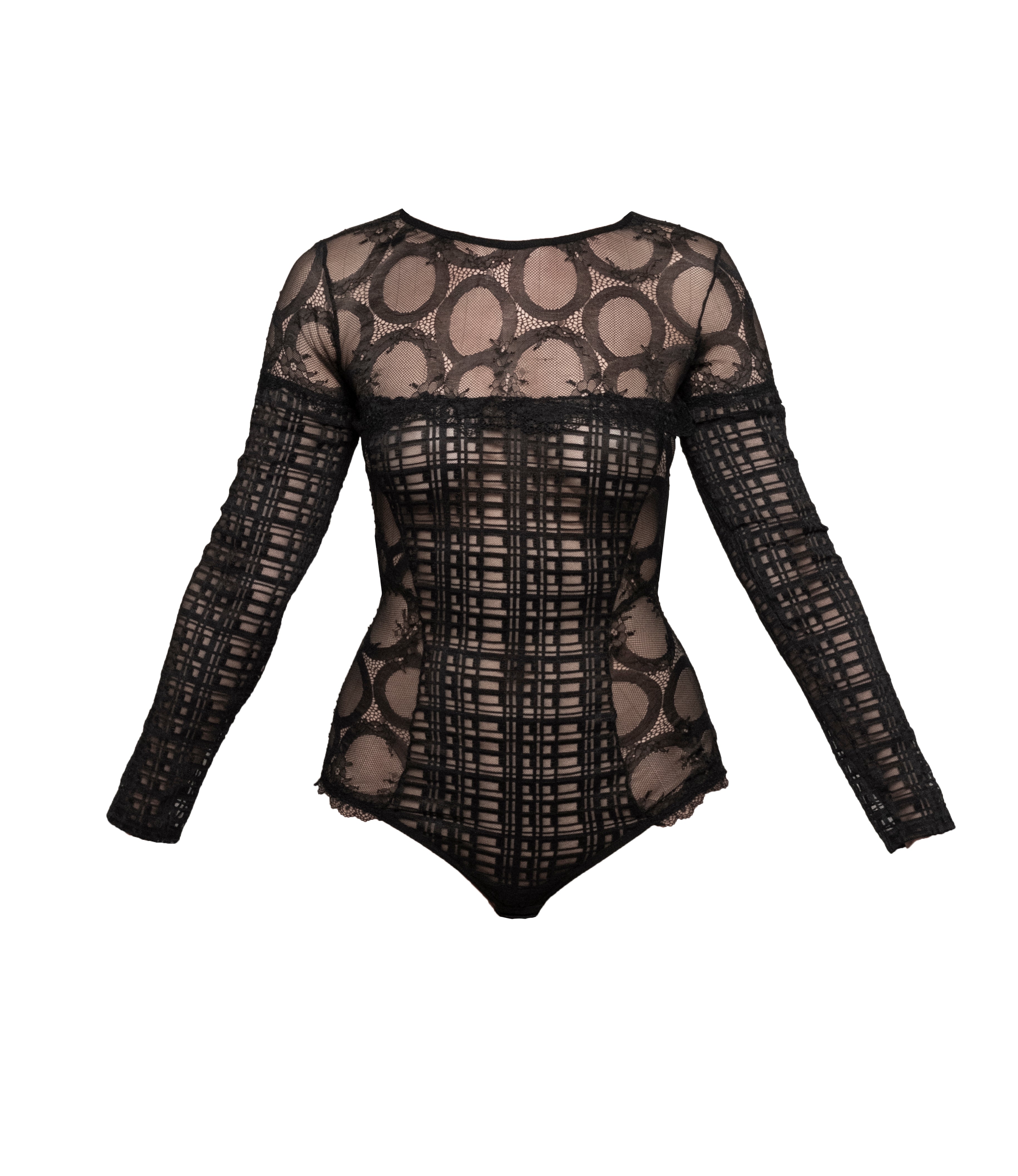 Carol Coelho Women's Black Mind Games Lace & Check Tulle Long Sleeve Bodysuit In Black