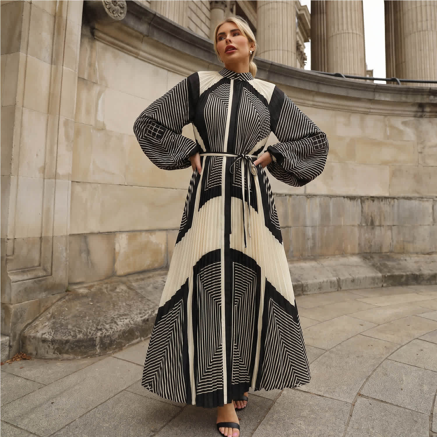 knee length dresses for ladies 1970s Long Sleeve Bold Foulard Print Shirt Dress S/M main image 1