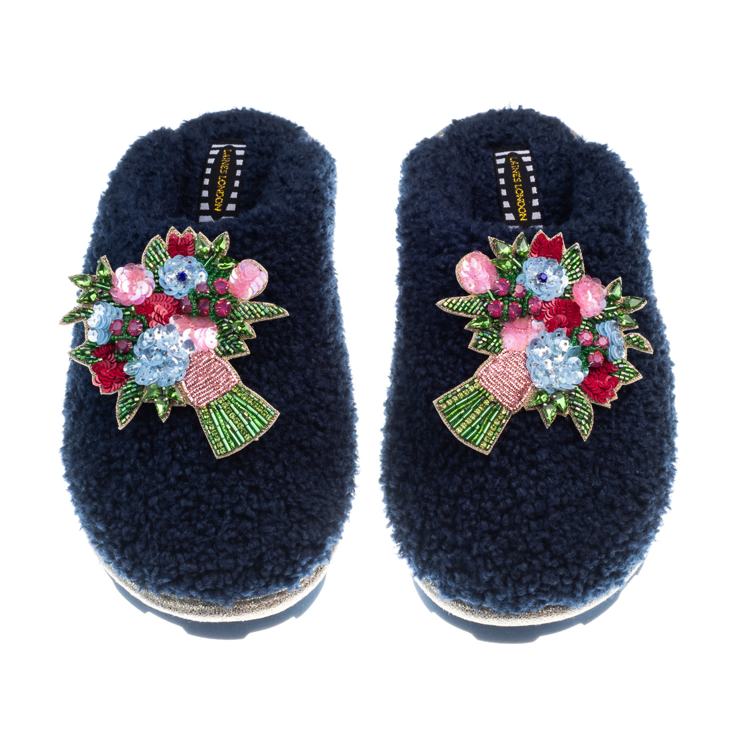 Laines London Women's Blue Teddy Closed Toe Slippers With Double Flower Bouquet Brooches - Navy In Blue