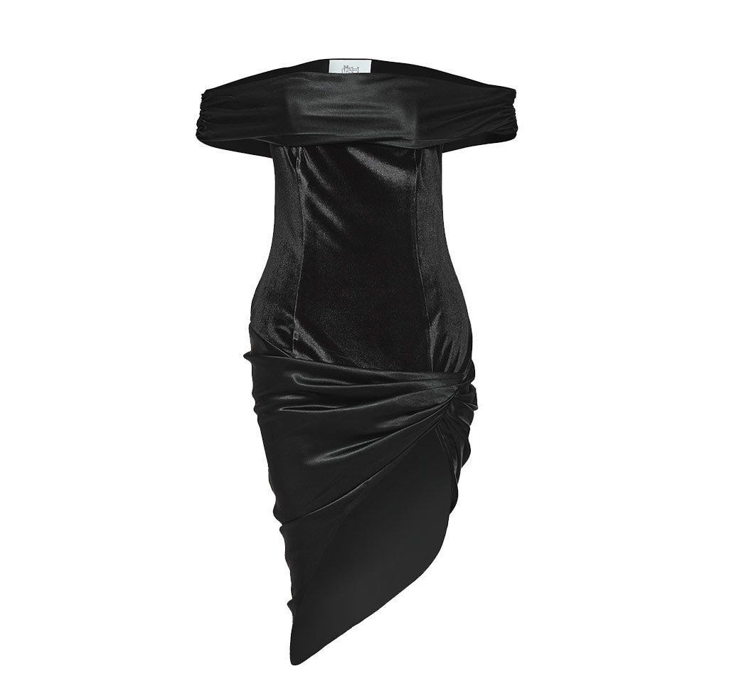 Maison Sél Women's Black Off Shoulder Velvet Dress With Shiny Fabric Details