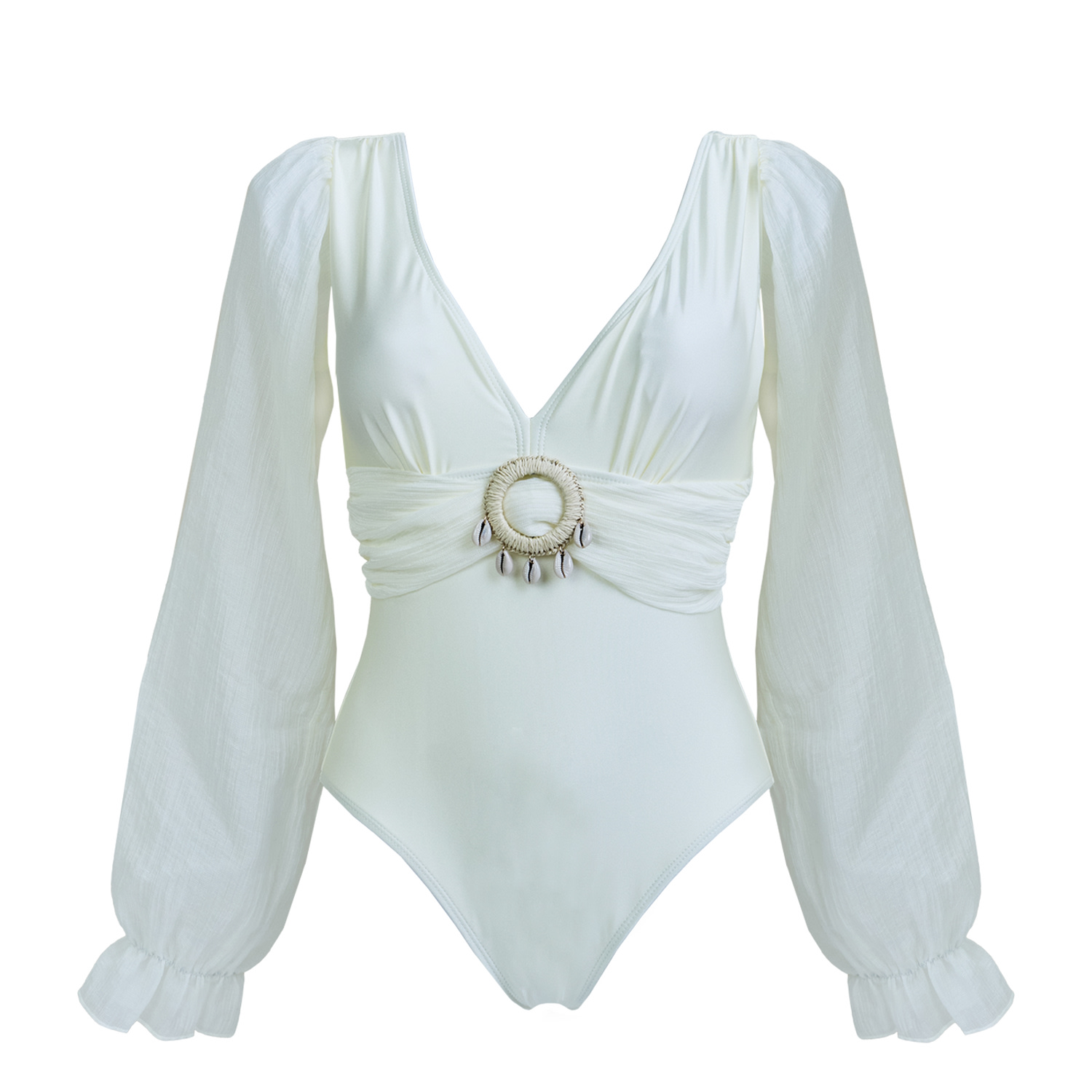 Aulala Paris Women's White The Siren's Embrace - Long Sleeve One-piece Swimsuit With Seashell In White