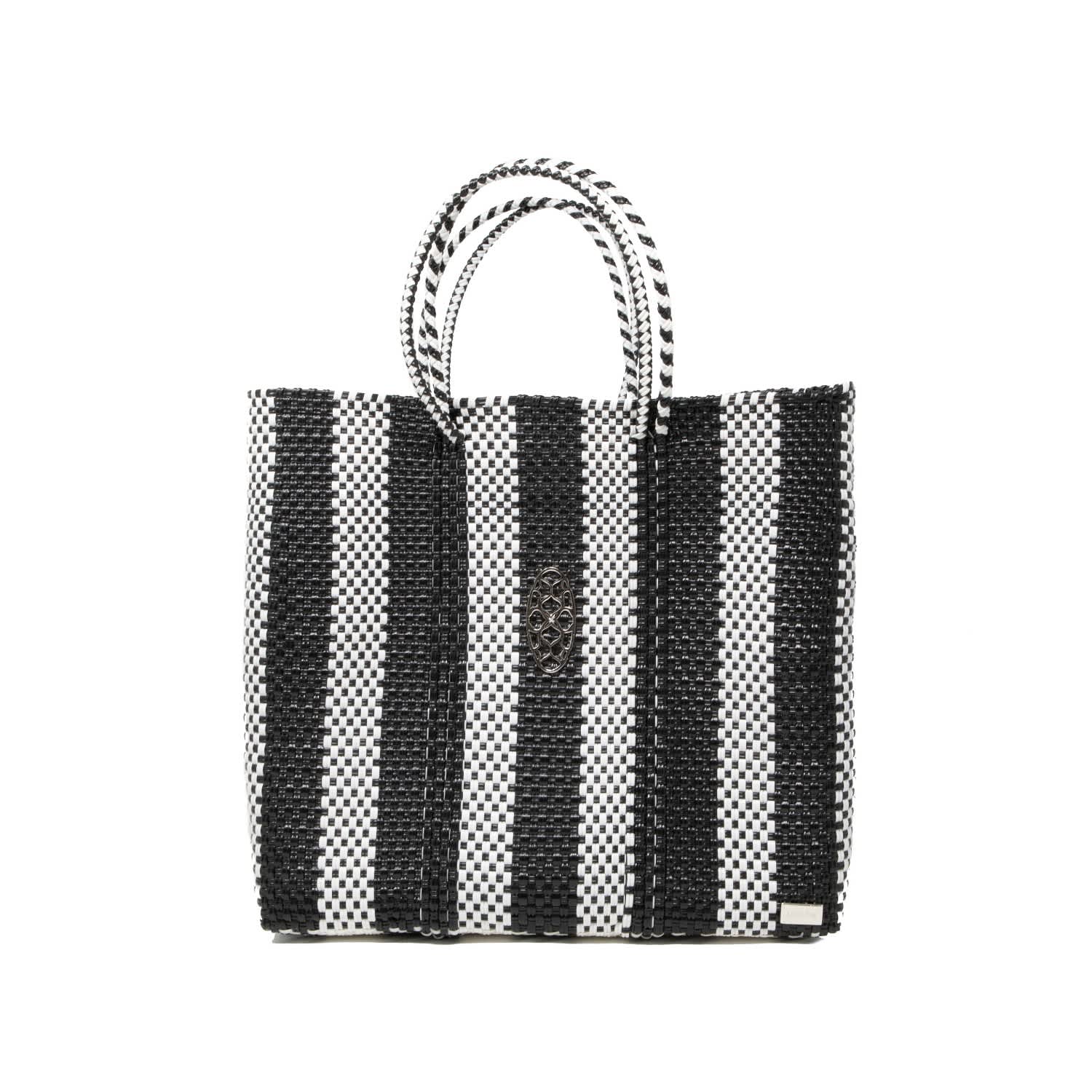 black and white striped handbag