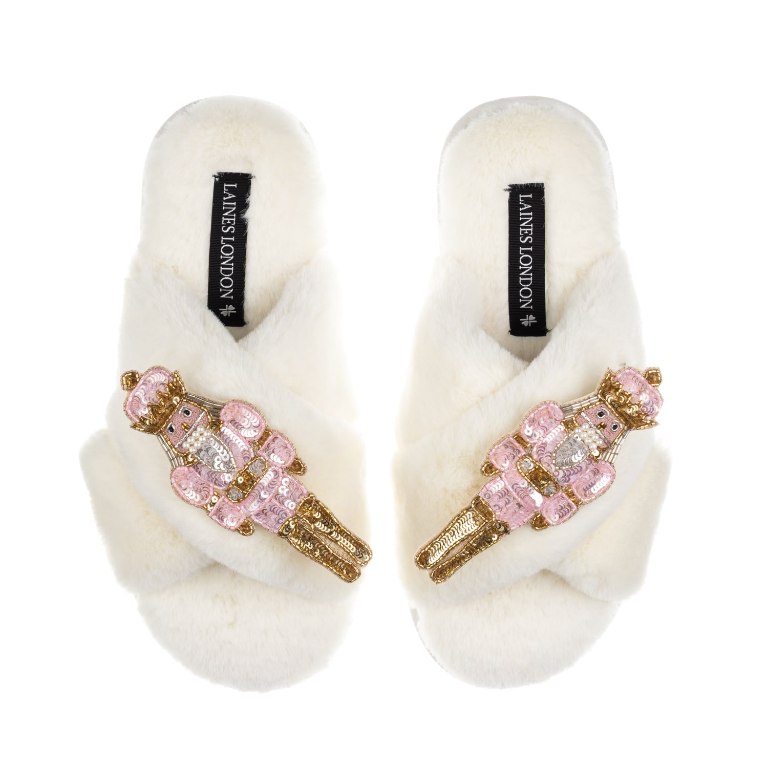 Laines London Women's Neutrals / White Classic Laines Christmas Collection Slippers With Double Pink Grand Nutcrac In White