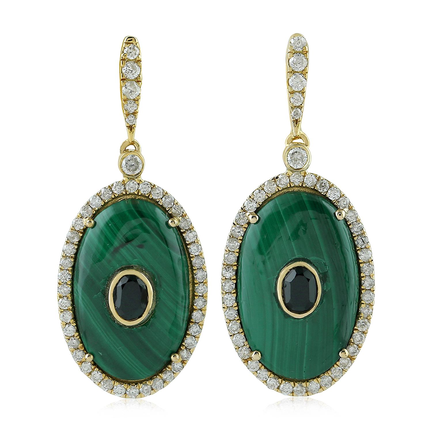 Artisan Women's Green / White / Gold 18k Gold Pave Diamond Malachite Spinel Evil Eye Dangle Earrings In Green