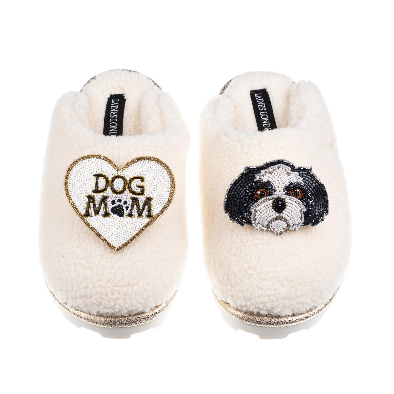 Laines London Women's Neutrals / White Teddy Closed Toe Slippers With Dog Mum / Mom & Black & White Shih Tzu Brooc In White
