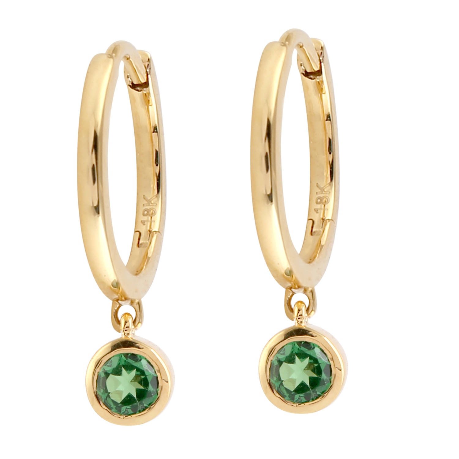 Artisan Women's Gold / Green 18k Yellow Gold In Bezel Set Tsavorite Gemstone Vega Drop Hoop Earrings