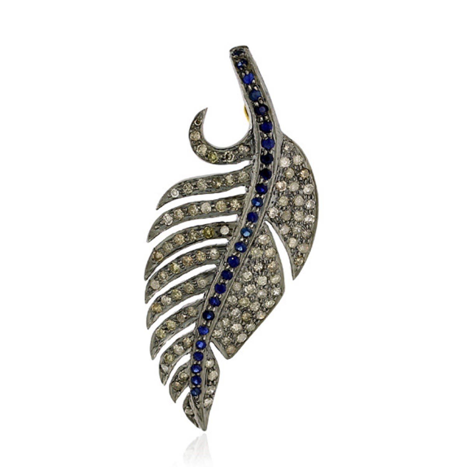 Women’s Silver / Blue Pave Diamond Feather Sapphire 18K Gold 925 Sterling Silver Pendant Jewelry Artisan