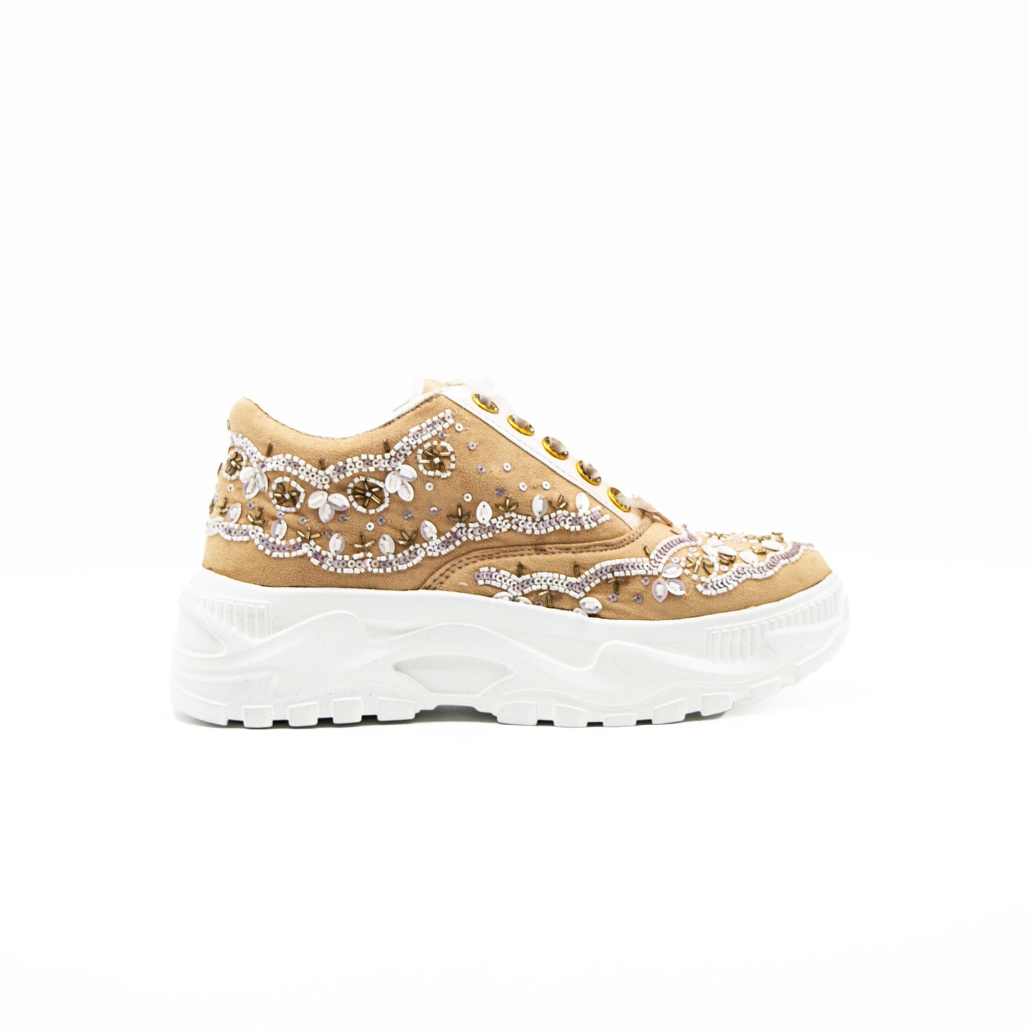 Rettrose Women's Neutrals The Ava Luxury Pale Sand Suede Handmade Embellished Trainers In Black