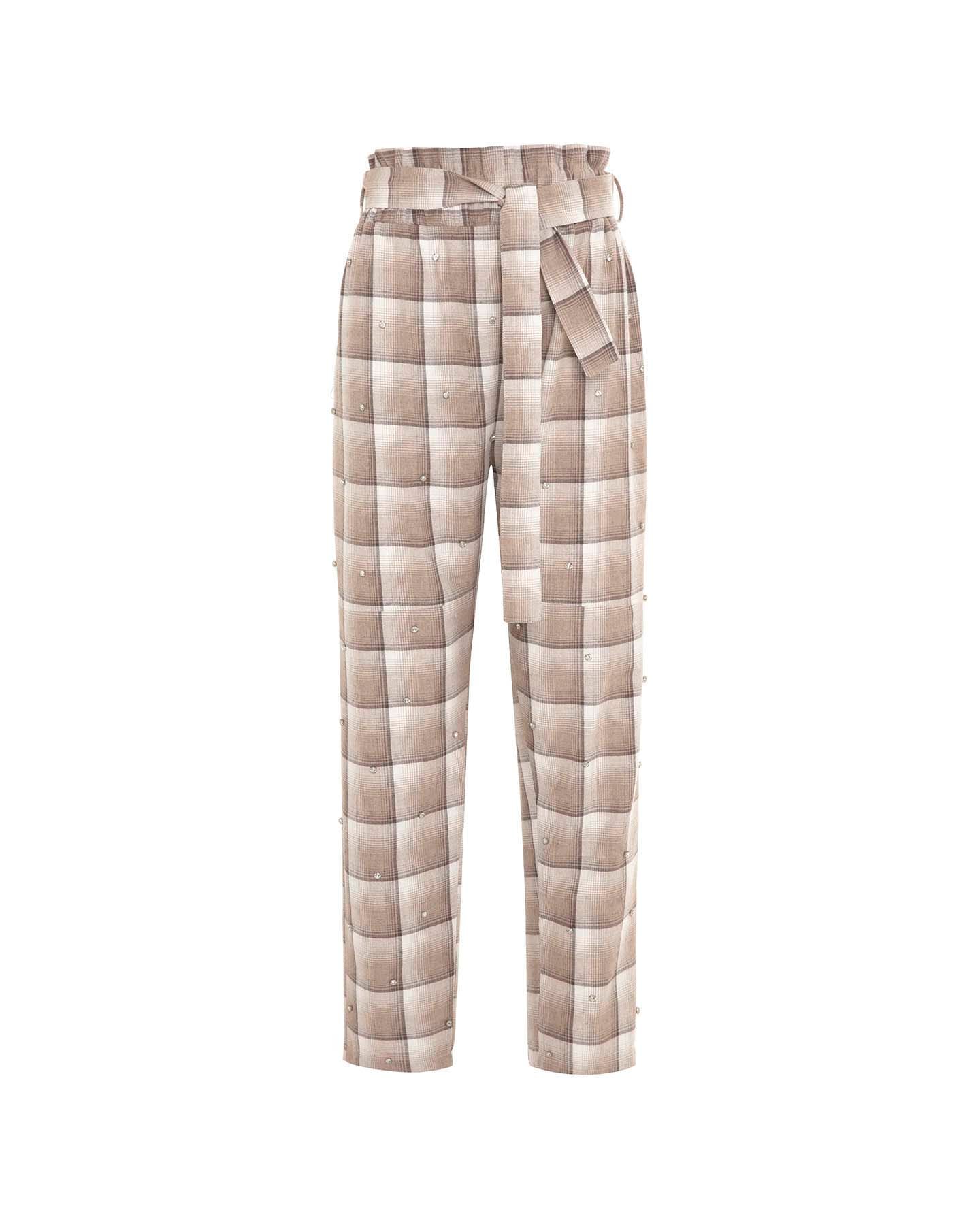 Theo The Label Women's Neutrals Europa Plaid Flannel Crystal Pant - Wheat / Crystal In Black