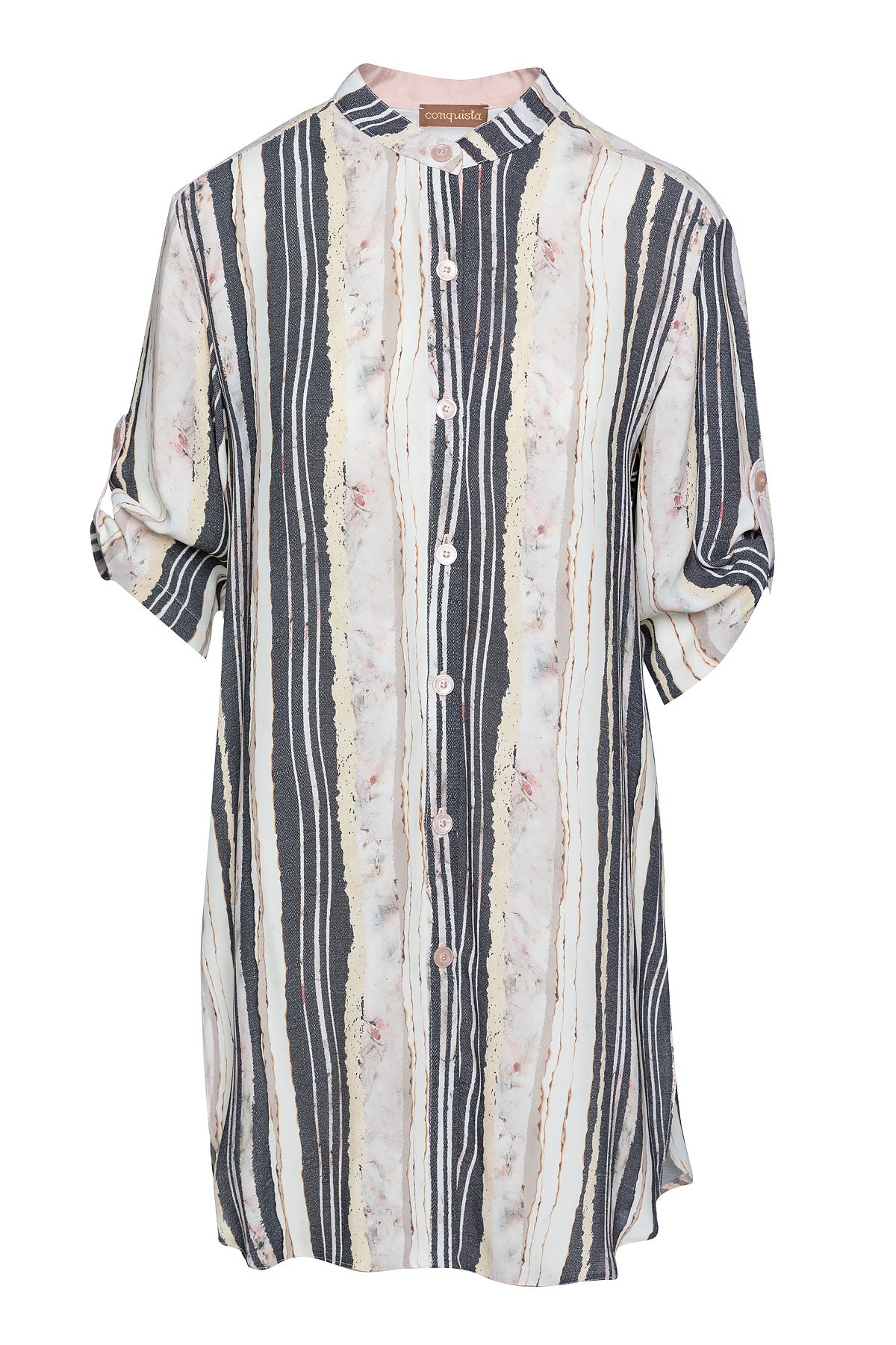 Women’s Long Summer Shirt In Print Striped Fabric Viscose Crepe Small Conquista