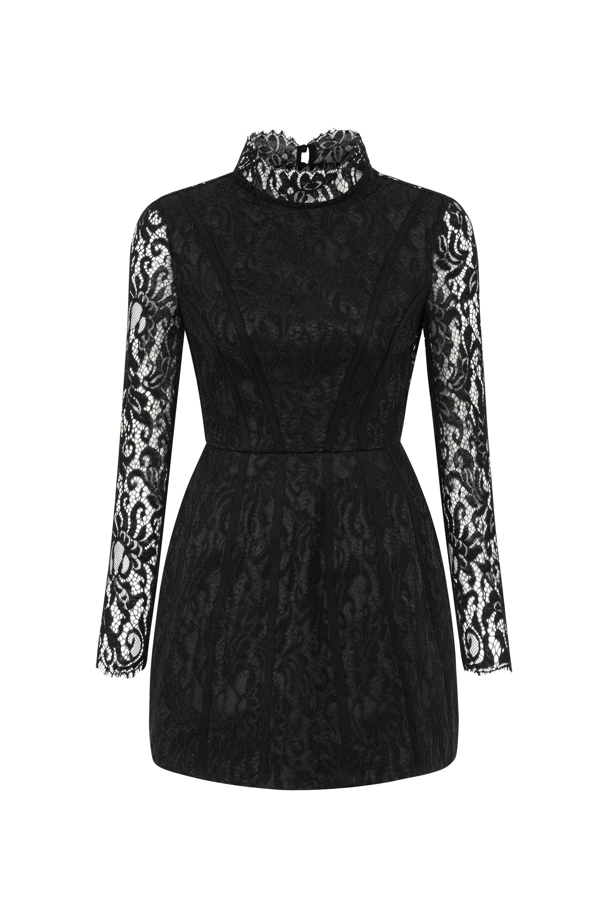 Nocturne Women's Black High Neck Lace Minidress With Open Back Detail