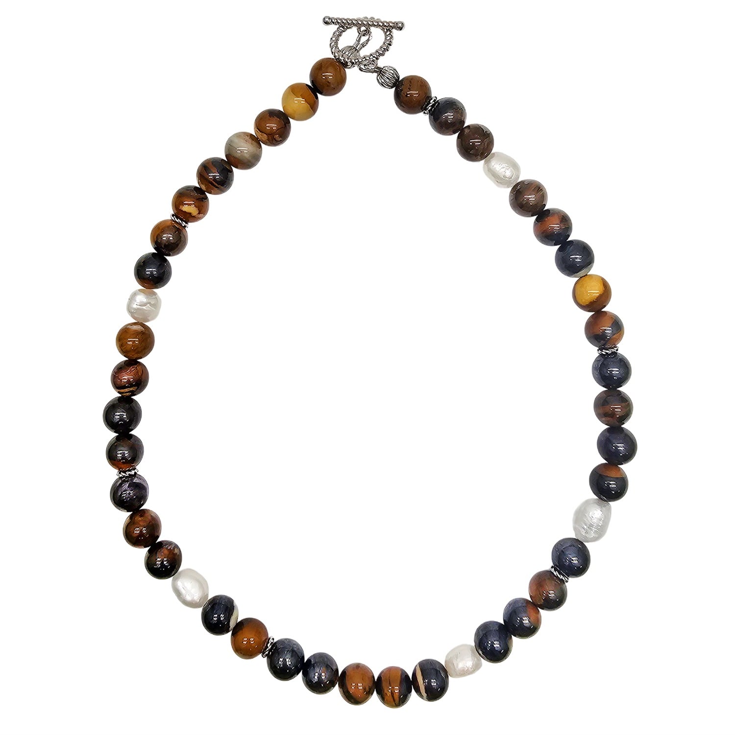 Farra Brown Tiger's Iron Stone With Freshwater Pearls Men's Necklace