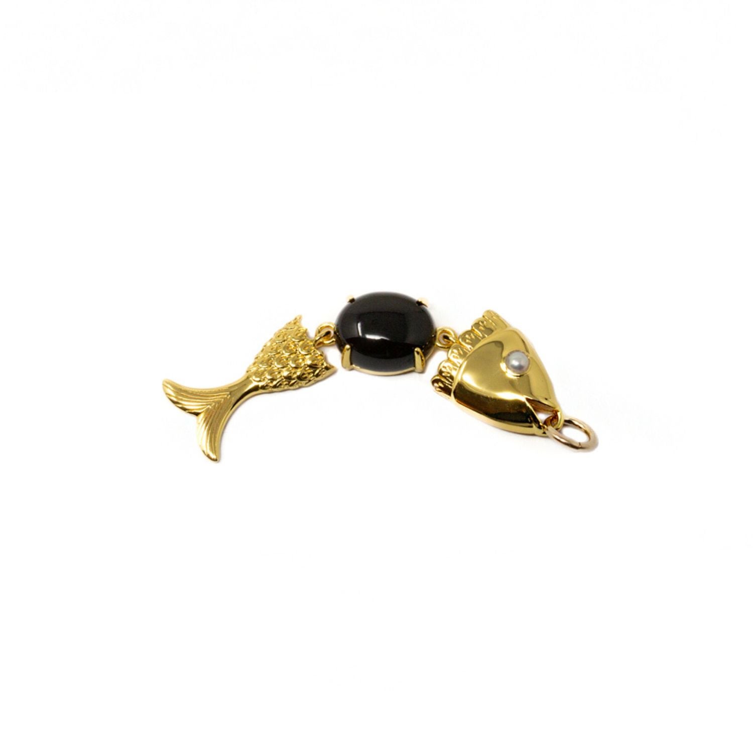 Nasi Silver Women's Black Swimming Fish Neshama Pendant- Onyx & Freshwater Pearl- Gold In Gold