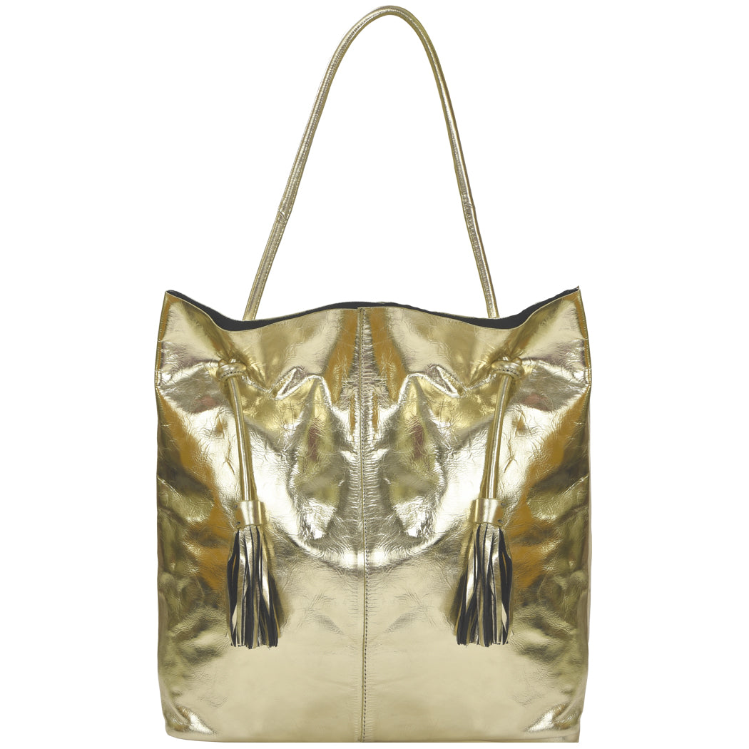 Brix + Bailey Women's Gold Drawcord Metallic Leather Hobo Shoulder Bag In Gold
