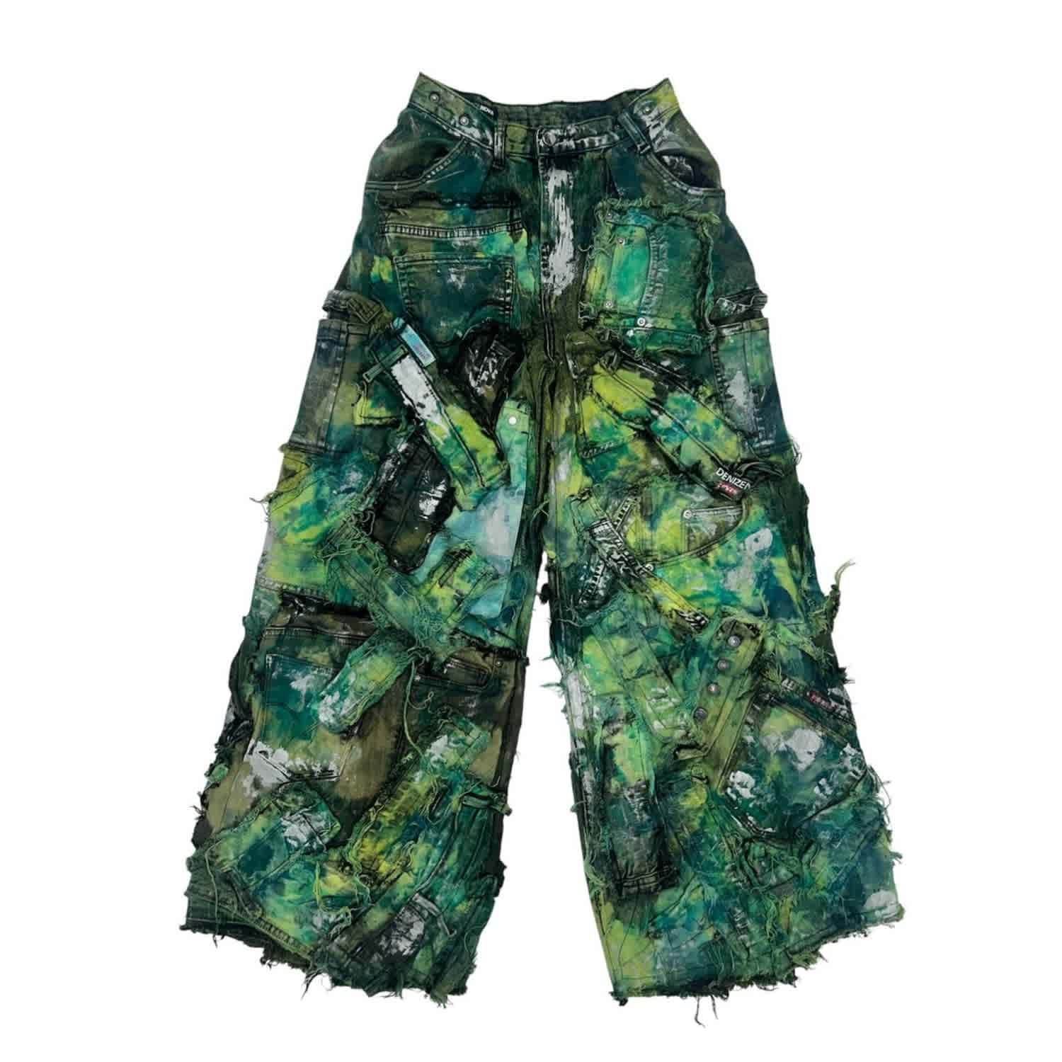 Wearable Ruins Green Shredded Wide Leg Pants | ZastaStudio | Wolf