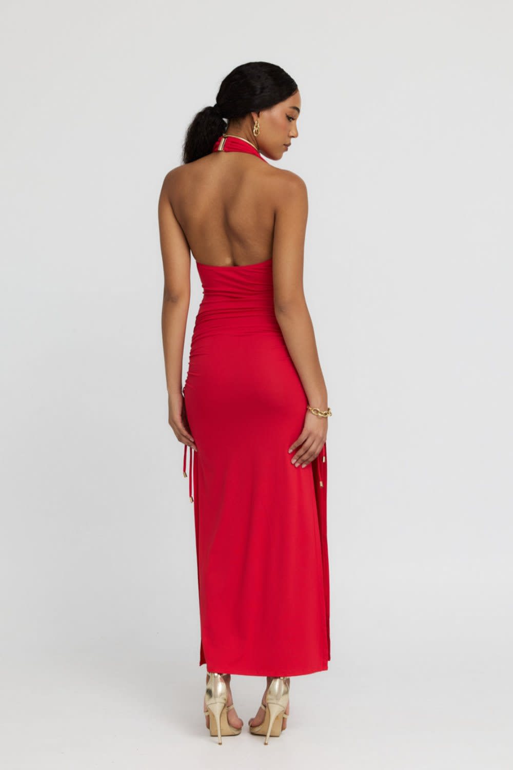 Venus Cowl Neck Halter Bamboo Jersey Maxi Dress in Red M