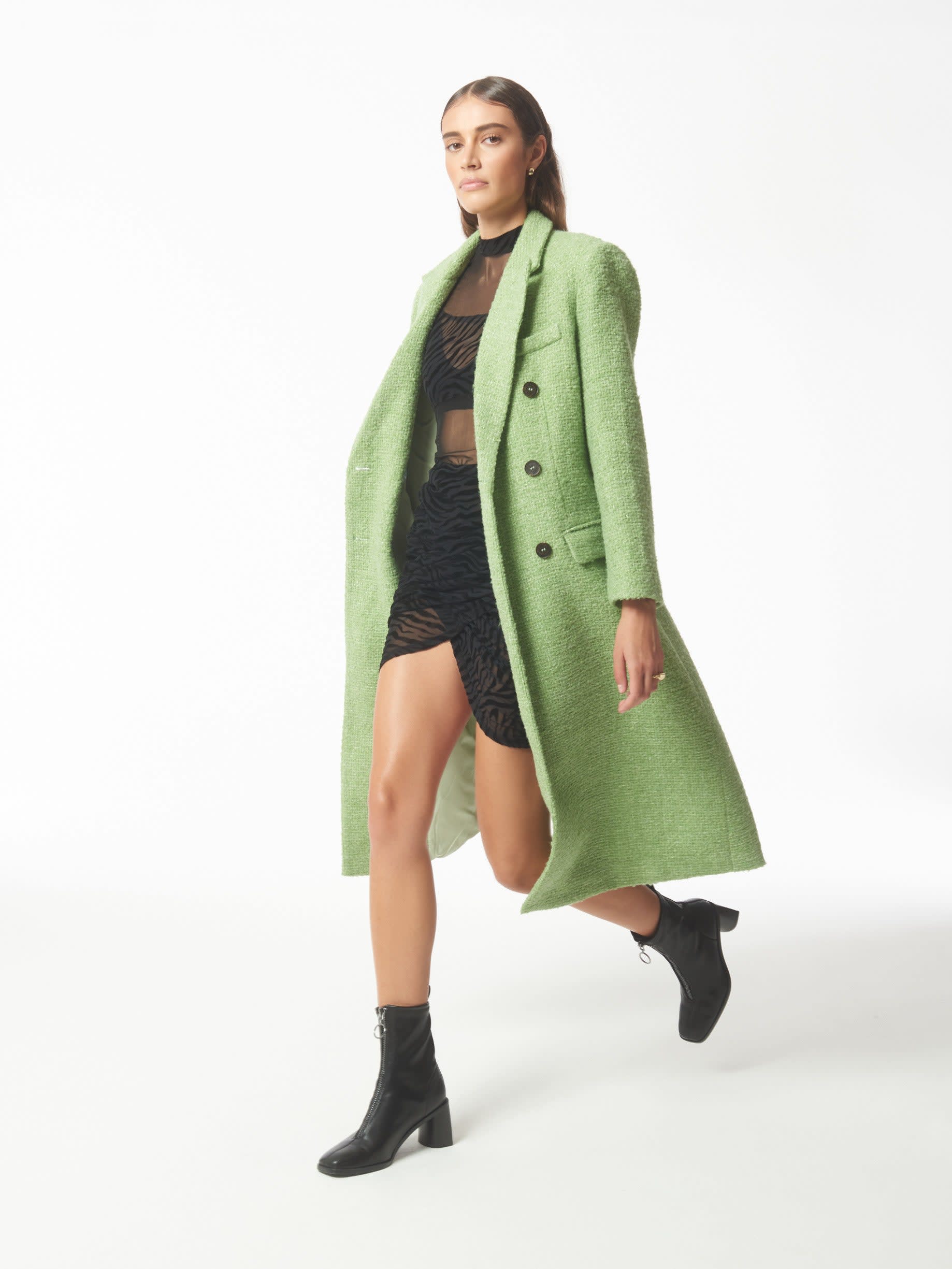 Metallic Thread Peak-Lapels Bouclé Tweed Coat In Pistachio Green