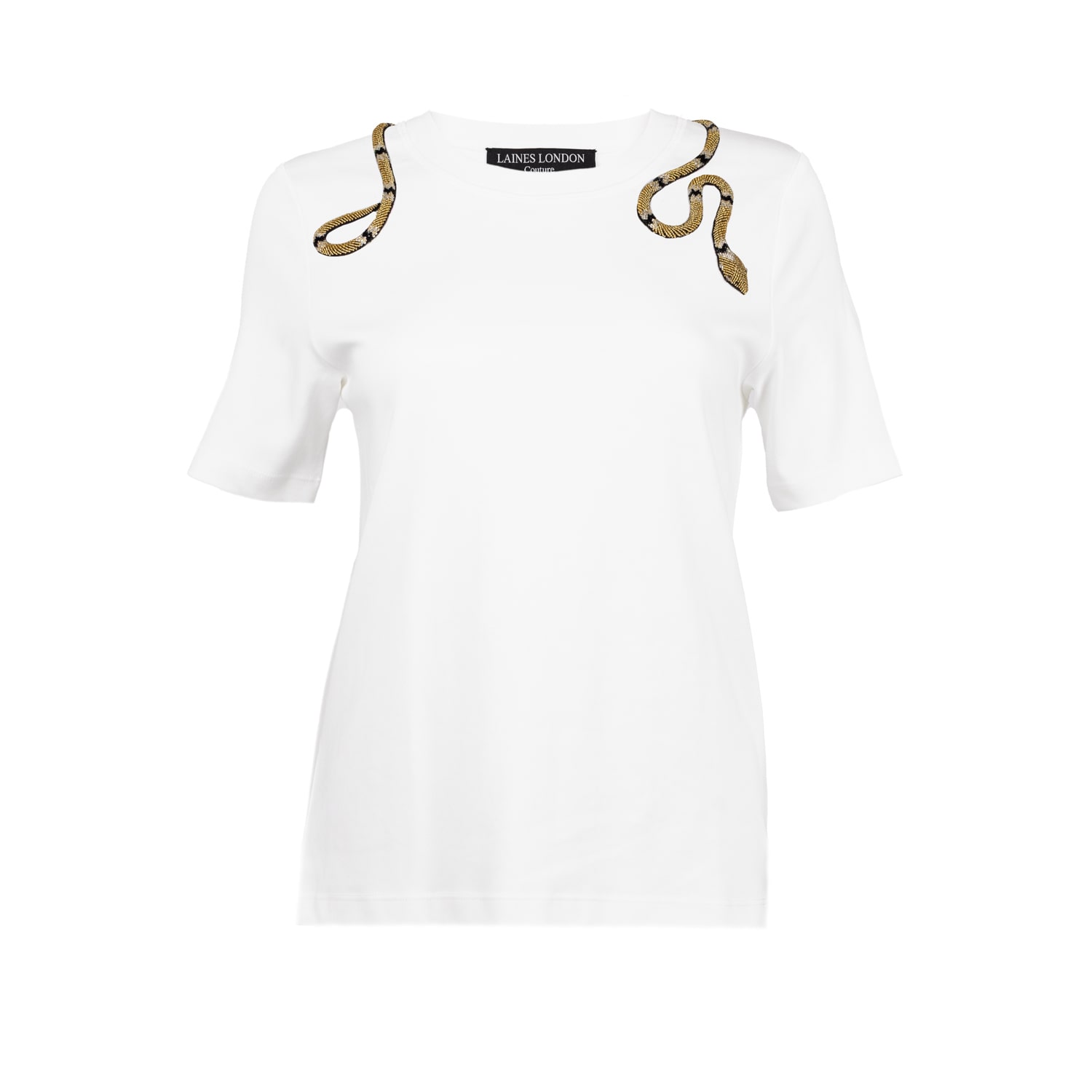 Laines London Women's White / Gold Laines Couture Embellished Black & Gold Wrap Around Snake T-shirt - White