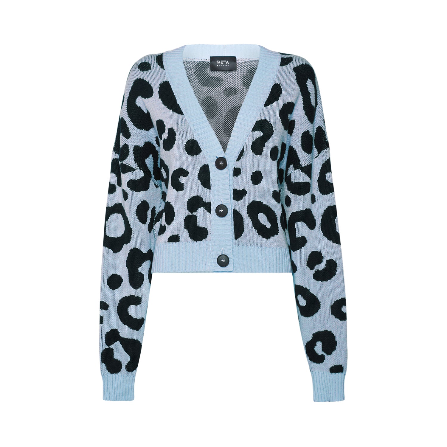 Sveta Milano Women's Dakota Light Blue/black Leopard-jacquard Short Cardigan In Black/blue