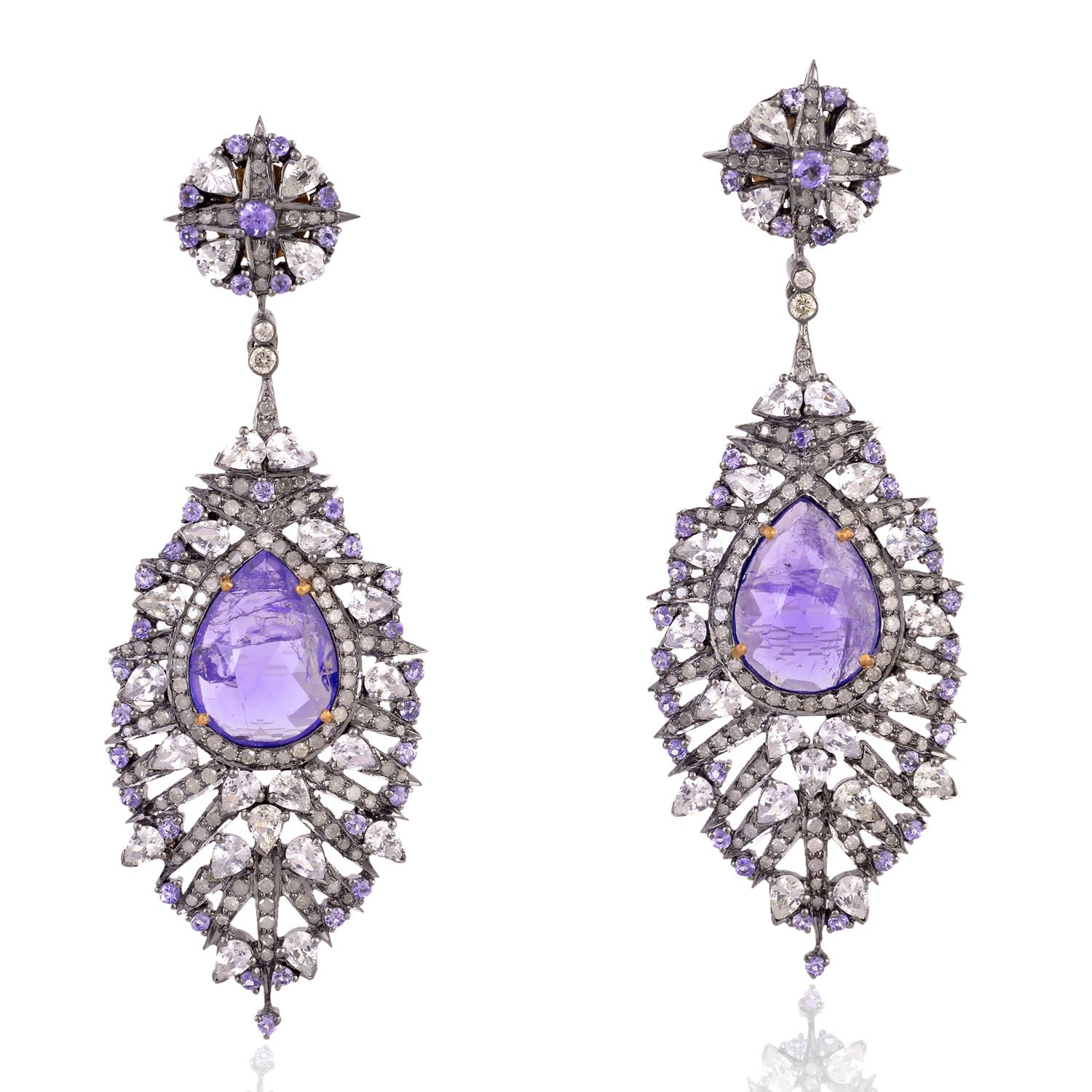 Women’s White / Pink / Purple Dangle Earrings Sapphire Diamond 925 Sterling Silver 18K Gold Jewelry Artisan