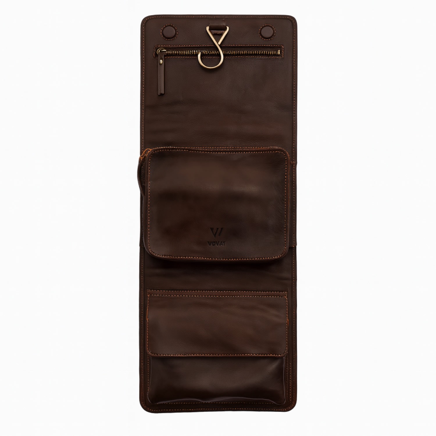 Vida Vida Luxury Leather Mens Hanging Wash Bag - Brown