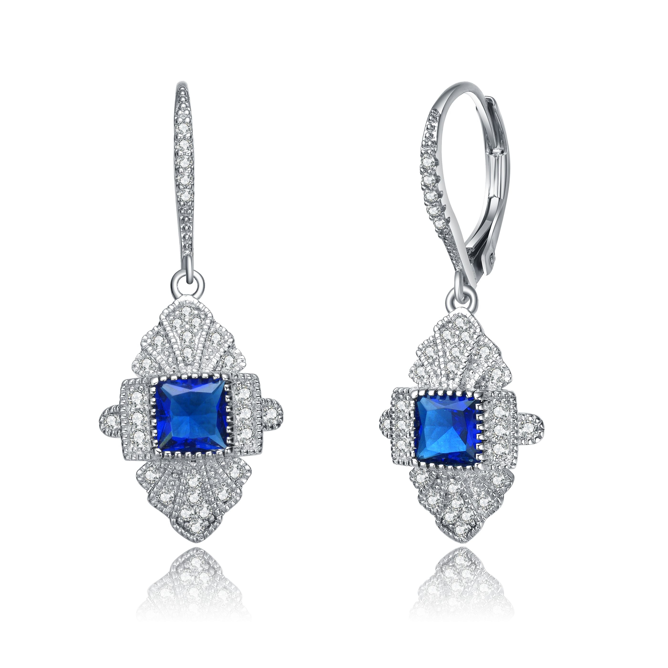 Women’s Blue / White / Silver Sterling Silver Sapphire Cubic Zirconia Pave Drop Earrings Genevive Jewelry