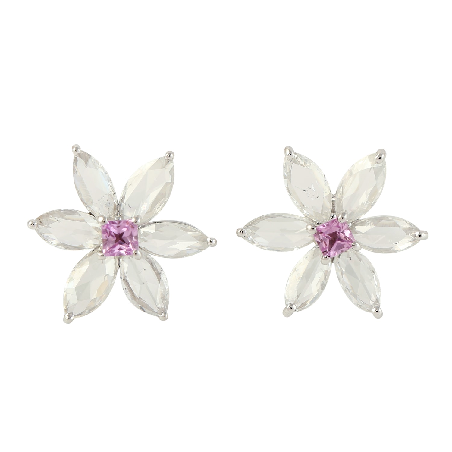 Women’s White / Pink / Purple 18K White Gold In Marquise Shape Rose Cut Diamond & Sapphire Flower Stud Earrings Artisan