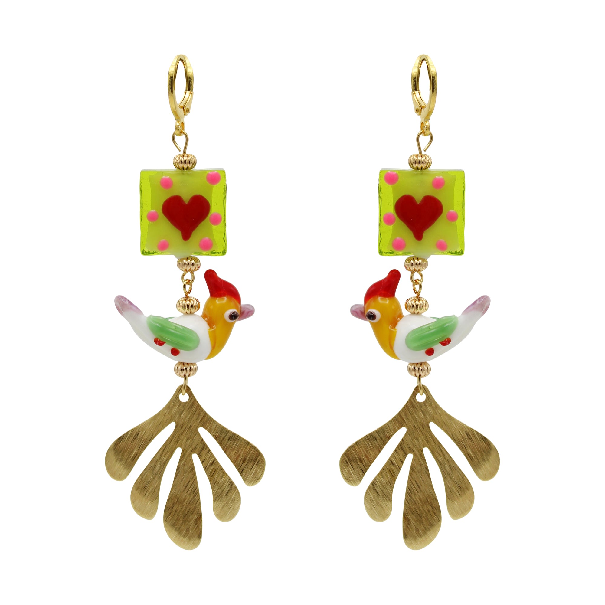 Midnight Foxes Studio Women's Gold / Green Love Bird Gold Earrings In Multi