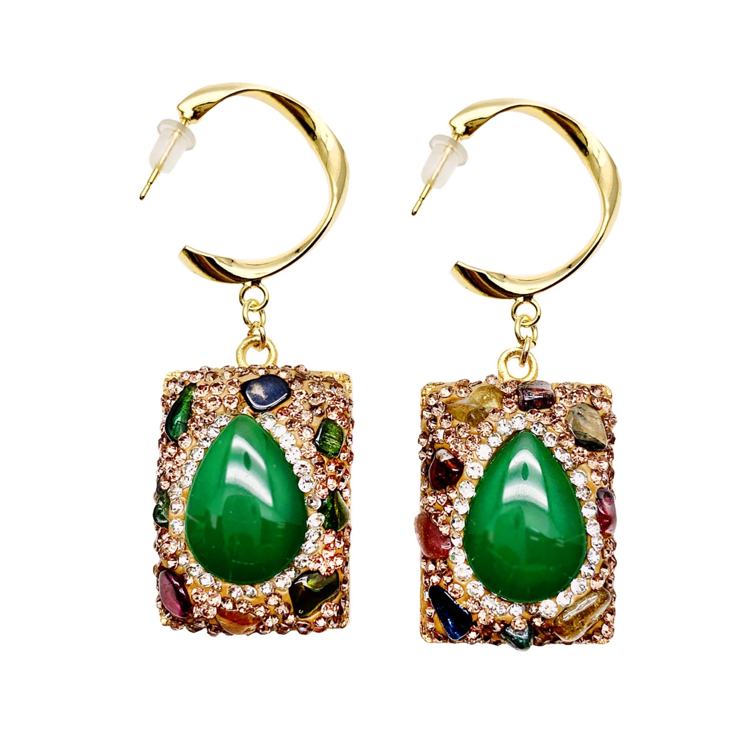 Farra Women's Gold / Green Green Gemstone Rhinestone Statement Earrings