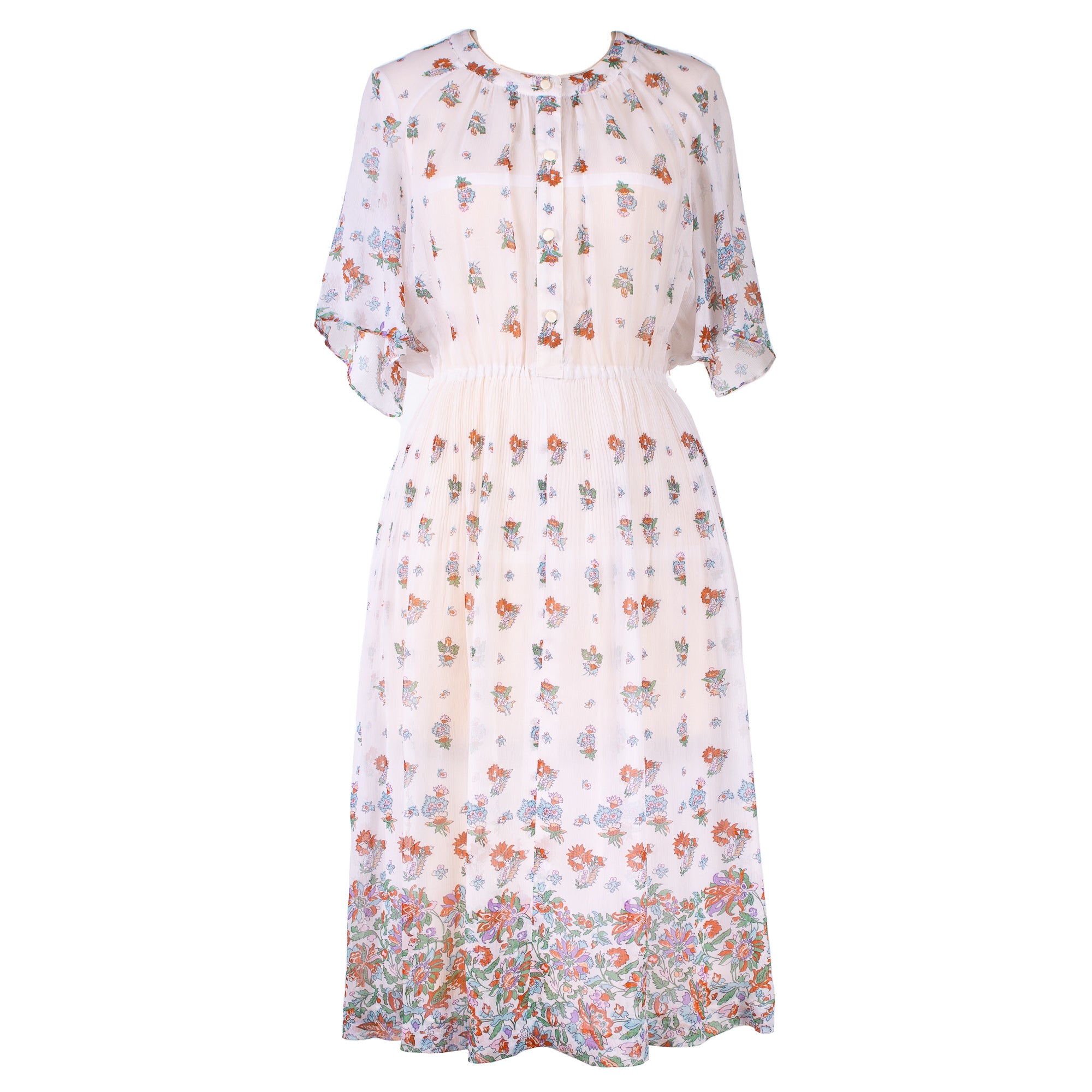 Women’s White Chiffon Vintage Dress With Wild Floral Print Large Sugar Cream Vintage