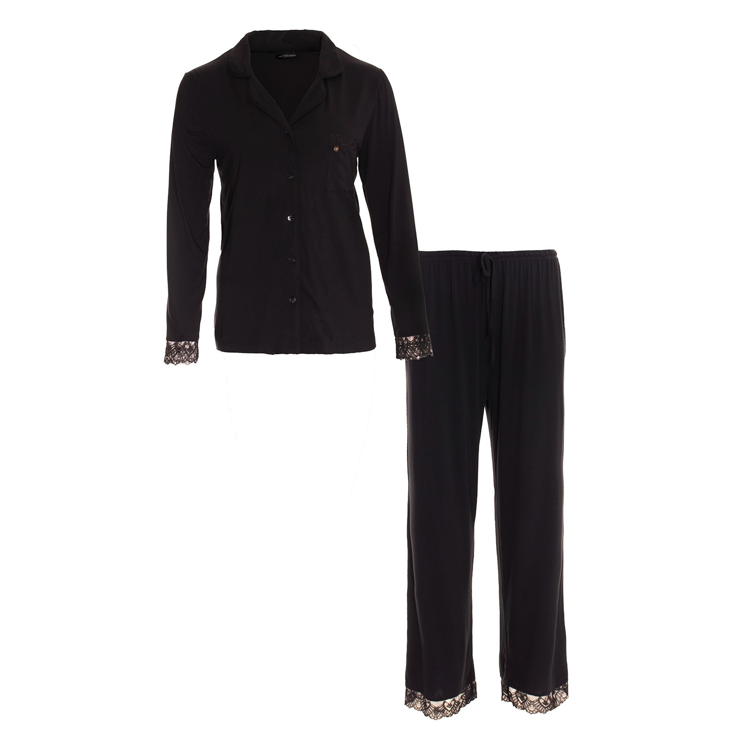Pretty You Women's Black Bamboo Lace Pyjama Set In Raven In Black