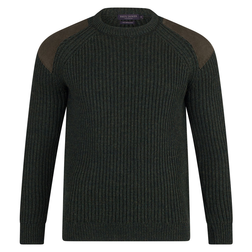Paul James Knitwear Men's Green Chunky British Wool Hardy Ribbed Shooting Jumper - Loden In Green