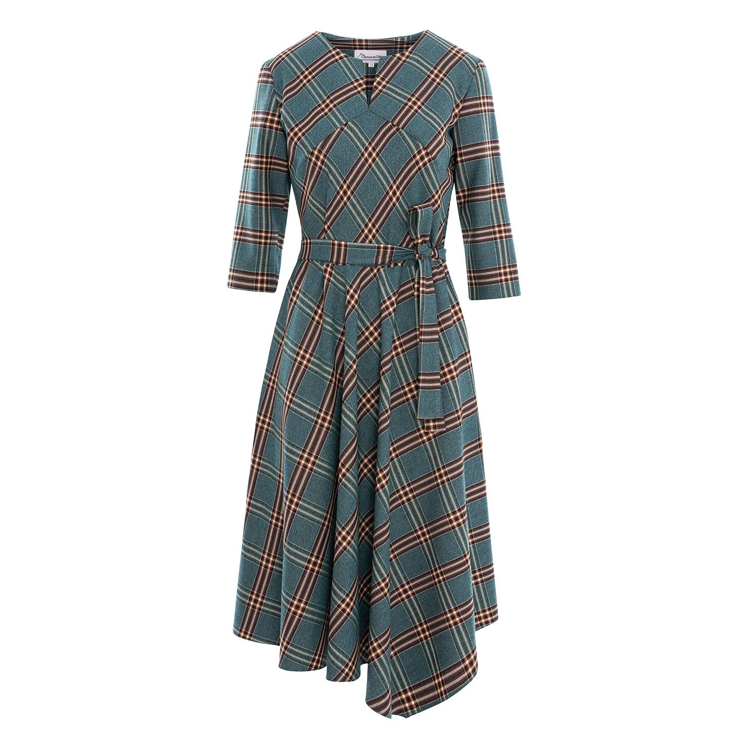 Couture De Marie Women's Green / Brown Elisabeth Asymmetric Flared Cotton Checked Dress In Green/brown