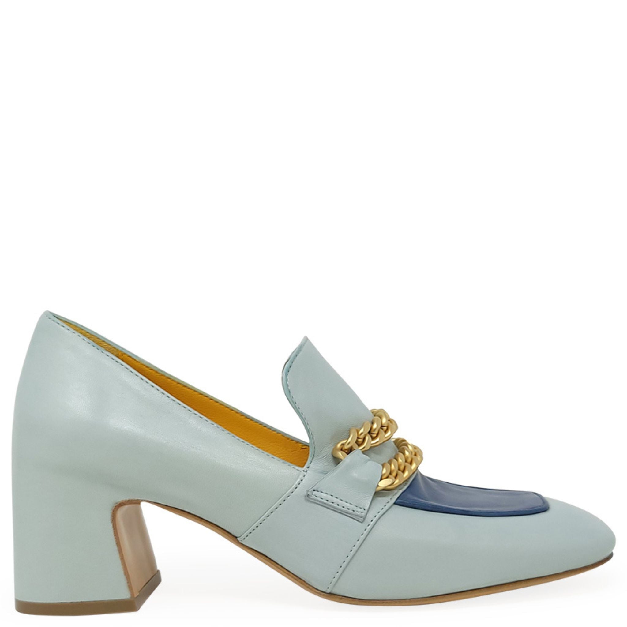 Madison.maison Women's Turq/blue Leather Mid Heel Loafer W/chain In Blue
