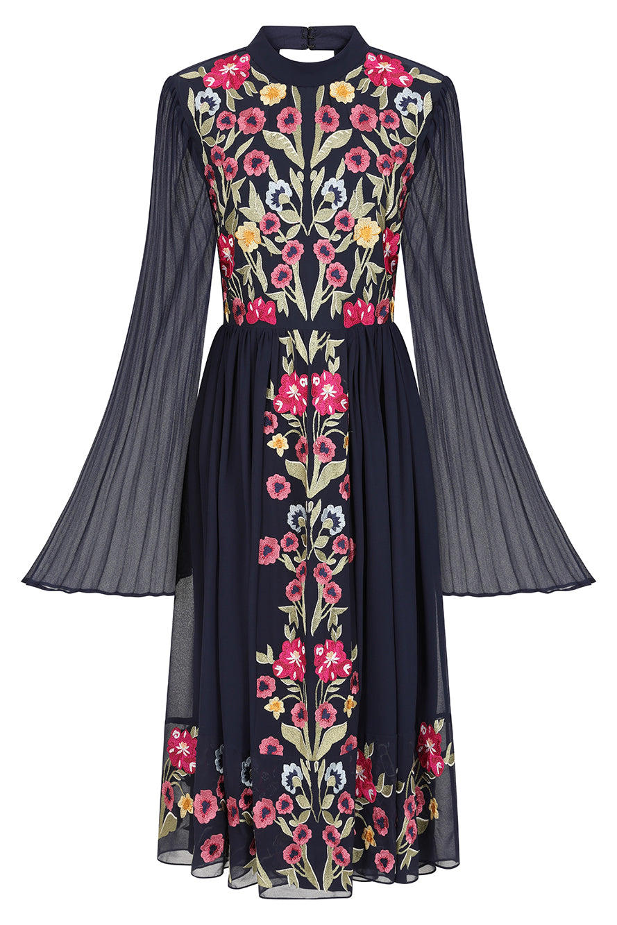 Frock And Frill Women's Blue Cerelia Navy Floral Embroidered Midi Dress In Blue